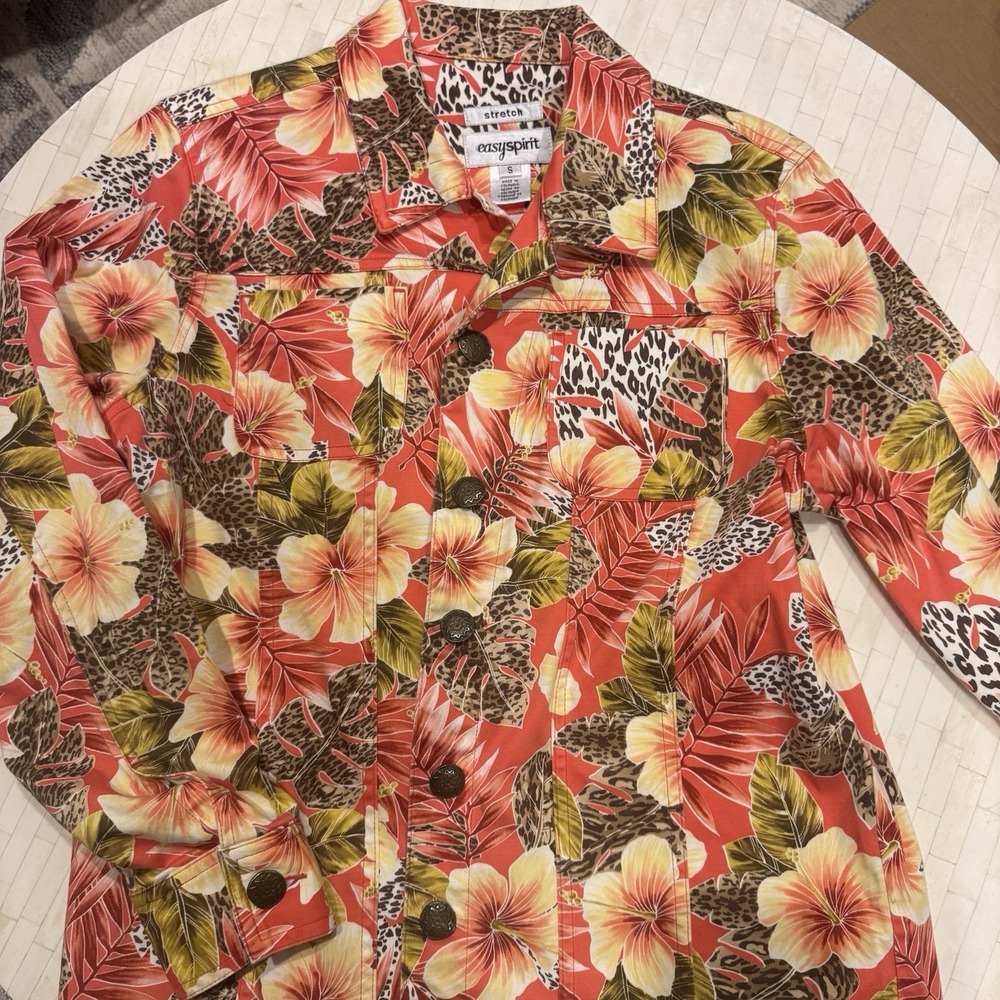 Vintage 90s Womens Small Chino Jacket Tropical Cotton Stretch Zebra Print Floral - Picture 5 of 8